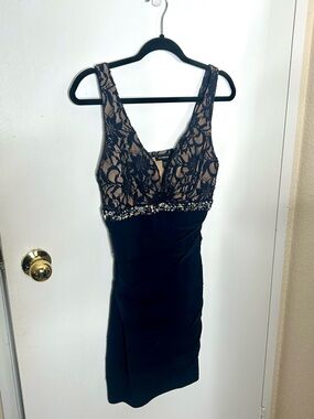 Navy Lace-Accent Cocktail Dress - lechateau